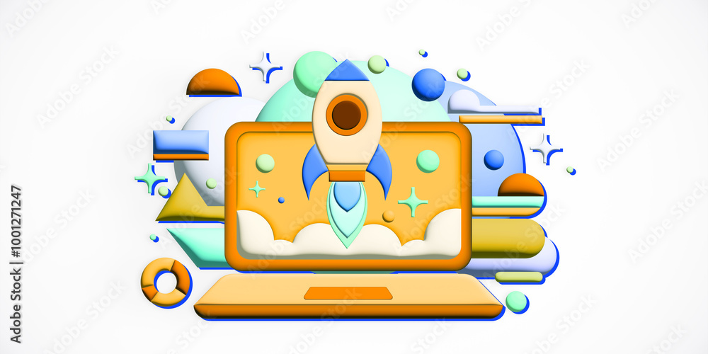 Leinwandbilder laptop with rocket launch symbolizing startup growth on abstract background. 3d rendering