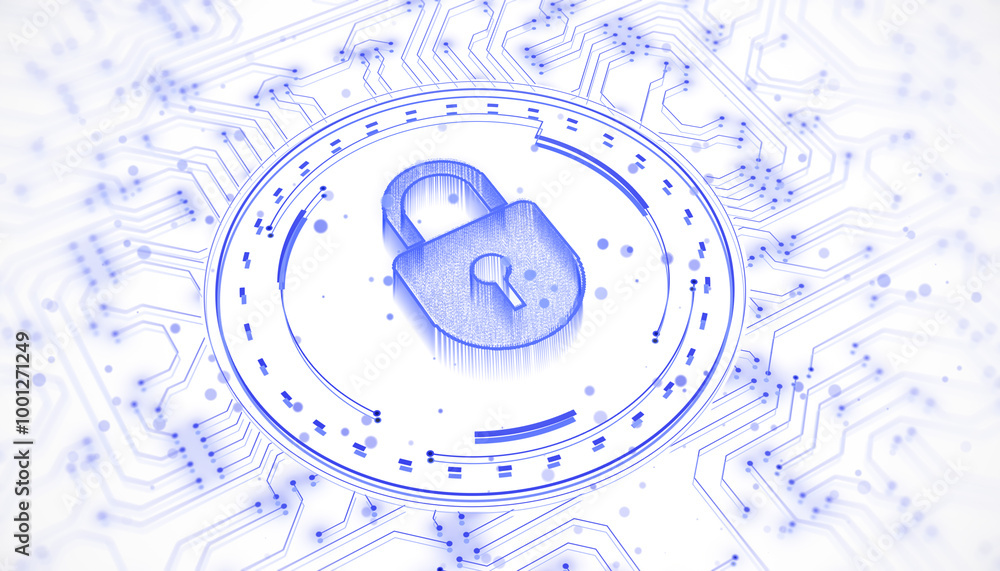 Poster Digital padlock icon on a circuit board background. 3D Rendering