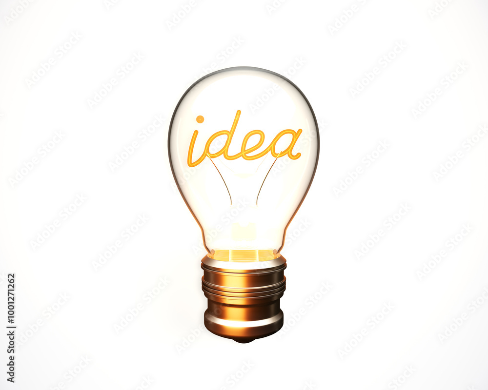 Aufkleber light bulb with glowing filament spelling idea on a white background. 3d rendering