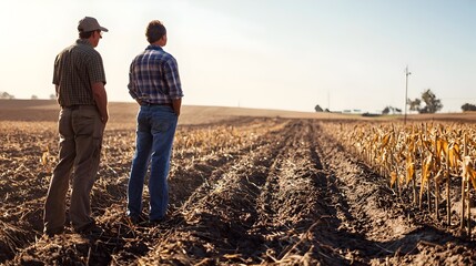 Farmers Inspecting Cultivated Crop Field at Sunset Rural Countryside