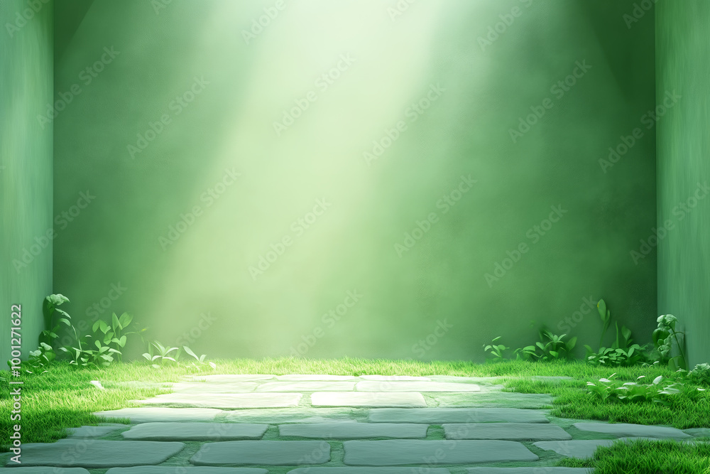 Poster a serene green environment with soft rays of light illuminating a stone path
