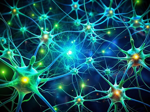 Vibrant blue and green neurons with delicate fibers and glowing synapses pop against a dark, gradient black background,