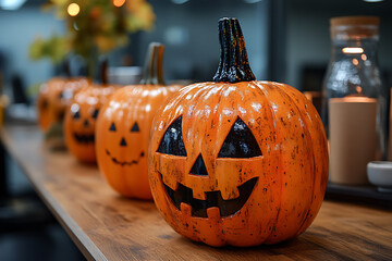 Corporate Halloween celebration in an IT office setting, featuring employees in costumes, decorations, and a festive atmosphere. 
