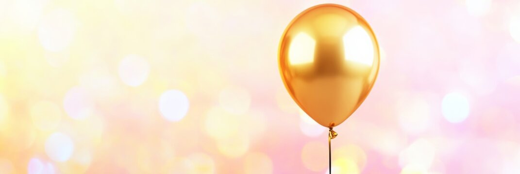 A minimalistic gold balloon, floating against a blurred pastel backdrop, perfect for birthday and festive event marketing