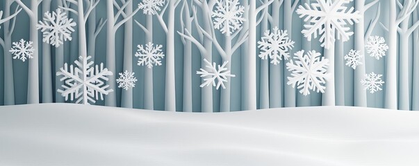 Snowy forest with drifting fog, delicate snowflakes suspended in mist, 3D illustration