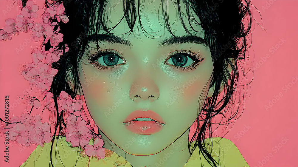 Poster Stunning Anime Girl with Pink Flowers and Green Eyes