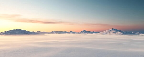 Vast tundra with drifting fog, snowy landscape and distant mountains, 3D illustration
