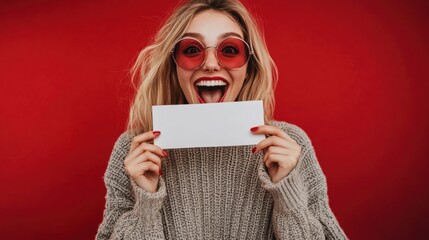Naklejka premium Excited Young Woman with Blank Gift Voucher