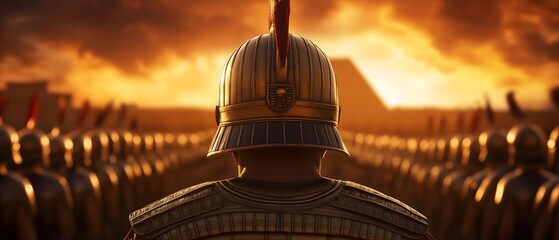 A soldier in ornate armor stands before a vast army at sunset, evoking themes of bravery, history, and impending battle.