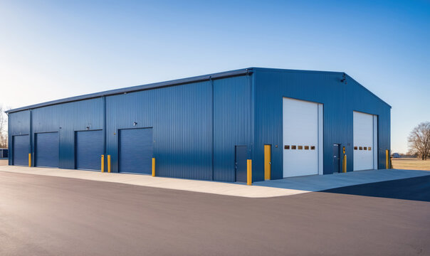 A blue metal building with multiple garage doors sits on a paved lot