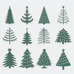 Set of Christmas tree with ornaments vector illustration, Holiday icons, Simple flat festive chiasmas tree collection Pine tree