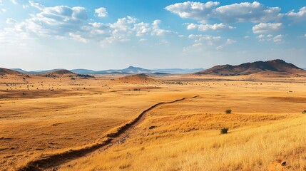 Fototapeta premium Vast Arid Desert Landscape with Winding Path Through Rugged Mountainous Terrain