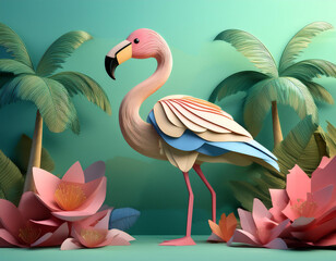 Obraz premium Flamingo and tropical flowers artsy fashion. Flamingo, pink bird with long legs and necks. 