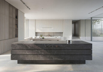 Modern luxury kitchen interior in minimal scandinavian style, 3d render