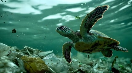 Obraz premium Green Sea Turtle Gracefully Swimming in Turquoise Tropical Ocean