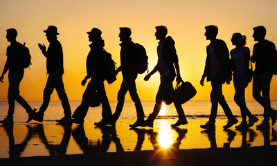 Obraz premium A group of friends walks along a beach at sunset