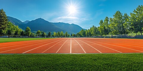 Sunlit outdoor running track features vibrant orange lanes and lush green grass, accompanied by a clear blue sky and mountains, capturing a crisp, wide-angle sports facility view.