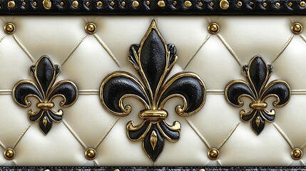 A black and gold fleur de lis adorns soft white leather, blending regal symbols with rich textures.