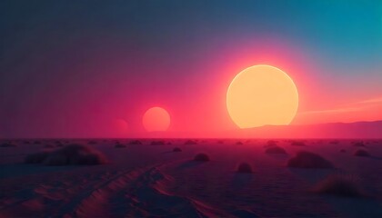 time-lapse of dawn over a futuristic wasteland, with glowing neon shapes floating in the sky, casting abstract patterns of light across the barren landscape