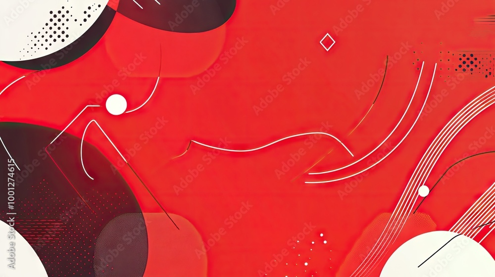 Poster Dynamic abstract banner with geometric shapes like lines, circles, and polygons, scattered artfully on a solid color background, creating a sense of movement and balance