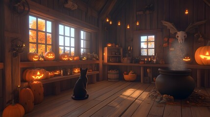 Halloween decorations, with a black cat sitting on the windowsill