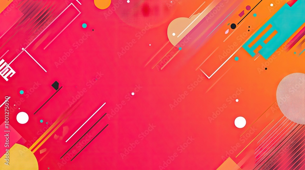 Poster dynamic abstract banner with geometric shapes like lines, circles, and polygons, scattered artfully 