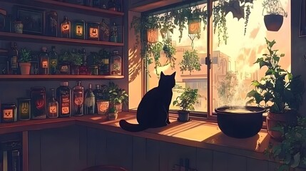 Halloween decorations, with a black cat sitting on the windowsill