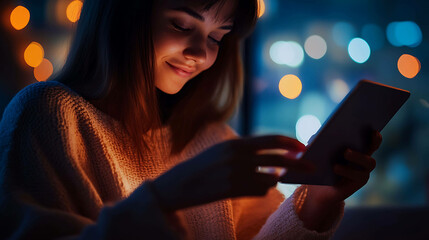 Woman using tablet at night with warm lights in the background.