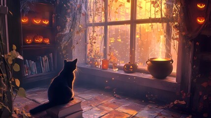 Halloween decorations, with a black cat sitting on the windowsill