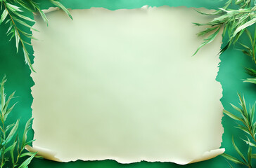Fototapeta premium Blank parchment surrounded by green leaves on a vibrant background for creative design purposes