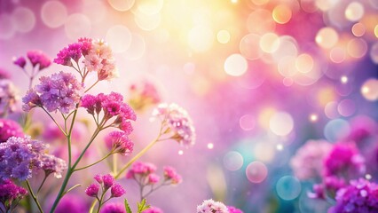 Vibrant blurred bokeh of pink and purple flowers on a soft, creamy white background, ideal for overlaying text,