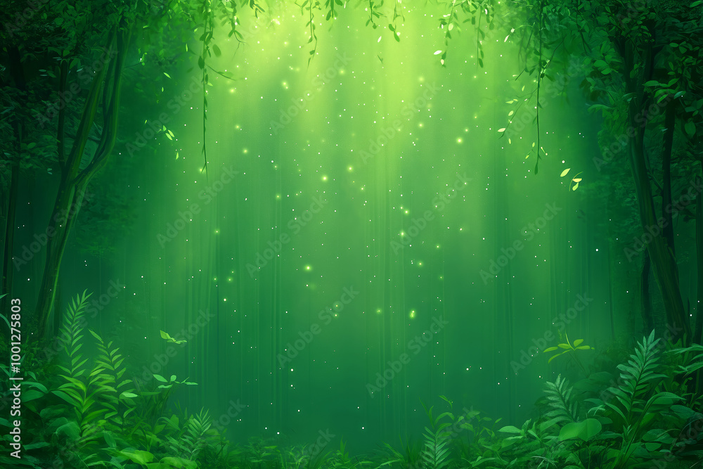 Poster lush green forest with sun rays filtering through foliage creating a mystical atmosphere