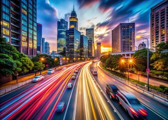 Vibrant blurred cityscape at dusk with streaks of light from moving vehicles, capturing the dynamic energy and