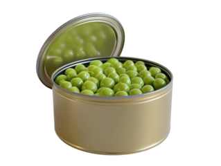 Open tin can filled with green peas, highlighting canned food freshness, on a white background. PNG transparent.