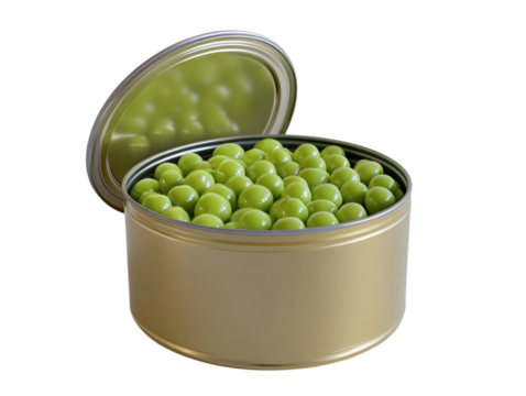 Open tin can filled with green peas, highlighting canned food freshness, on a white background. PNG transparent.