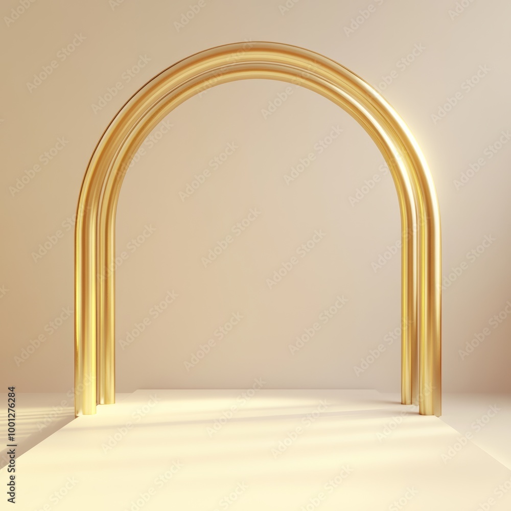 Poster a sleek and modern golden archway with a minimalist design, placed against a soft gradient backgroun