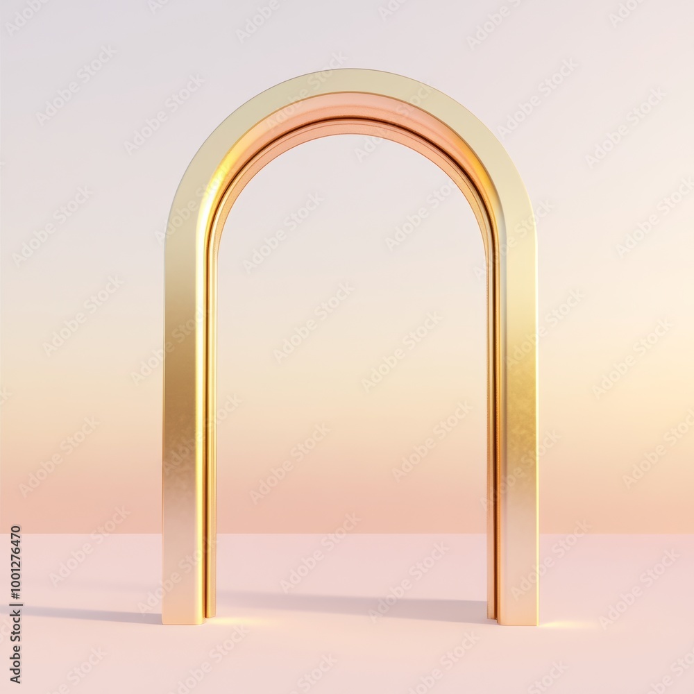 Poster a sleek and modern golden archway with a minimalist design, placed against a soft gradient backgroun