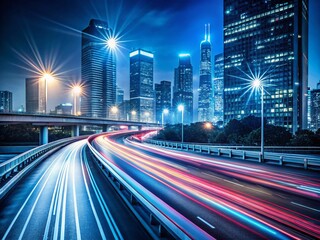 Vibrant blurred motion streaks of headlights illuminate a dark urban highway at night, providing a dynamic and