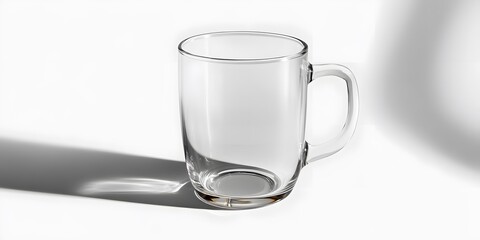 Clear glass mug with minimalist design features a reflective surface and soft shadows on a white background, emphasizing clean lines and high-resolution detail in studio lighting.