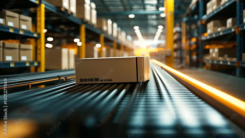 Poster a close-up of a conveyor belt system efficiently transporting boxes through a warehouse