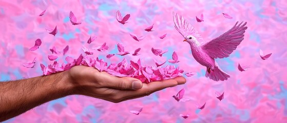 pink petals turning into dove in conceptual freedom art, hand releasing pink dove of peace, symbolic pink bird flying from healing hand, Hope and Freedom Symbolic Concept