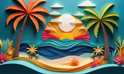 Obraz premium A colorful paper art scene depicting a tropical sunset over the ocean, with palm trees, waves, and a sandy beach