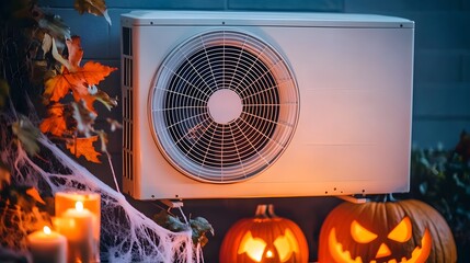 внешний блок кондиционера, вокруг тыква на хэллоуин