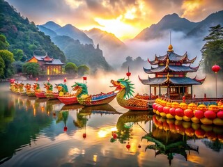Obraz premium Vibrant Chinese dragon boats with colorful flags and lanterns adorn a serene lake landscape surrounded by lush greenery