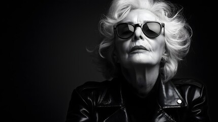 An artistic black-and-white portrait of an older woman with stylish sunglasses and curly hair, exuding confidence and a strong personality.