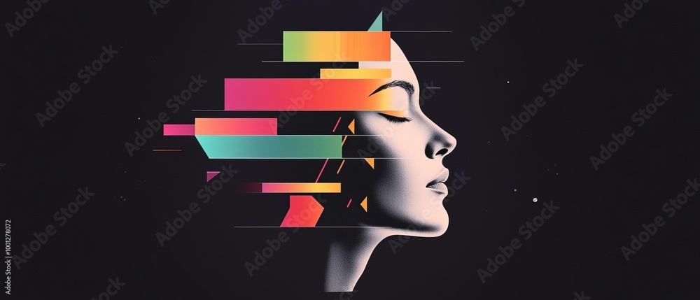 Poster abstract human faces merging with colorful geometric shapes a visual journey of imagination