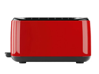 Modern red toaster with black accents, isolated on a white background. PNG transparent.