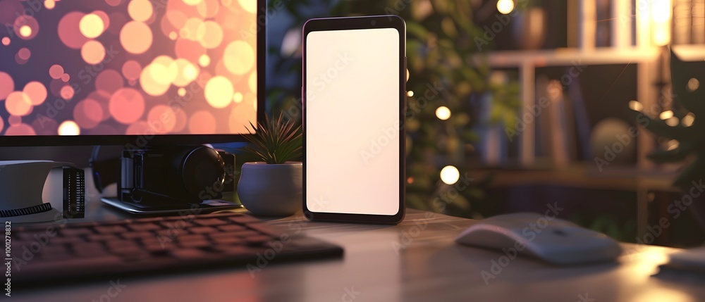 Poster smartphone on a desk with a bokeh background