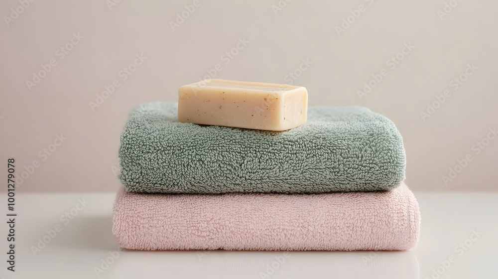 Poster stacked plush towels and soap bar on minimalist background