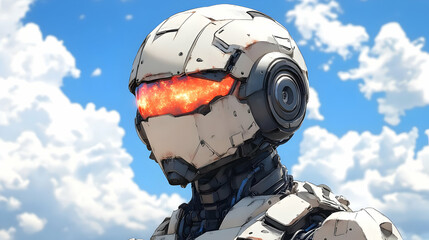Futuristic Robot with Glowing Eyes Gazing into the Sky